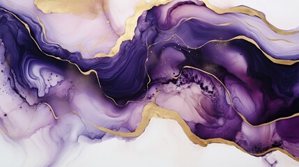 Wall Mural - Abstract fluid art on white background with dark purple and gold colors