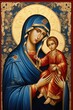© tilialucida - A painting of a woman holding a child. Orthodox Christian Mother Mary with child Jesus.