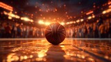 Fototapeta Sport - Close up basket ball in an arena blurred cinematic background, basket ball on floor