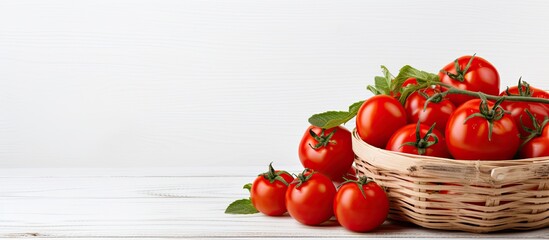 Sticker - Red tomatoes in a wooden basket on a white background