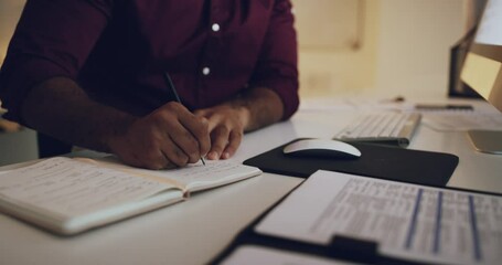 Aufkleber - Man, writing and working on deadline at night, notebook and strategy or plan for company growth. Businessman, late shift and research for startup, computer and note for vision in career at office