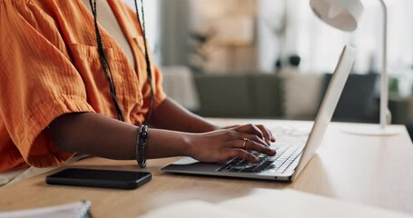 Aufkleber - Hands of woman at desk, typing and laptop for remote work, social media or blog post research with in home office. Freelance girl with computer writing email, website or online chat in apartment.