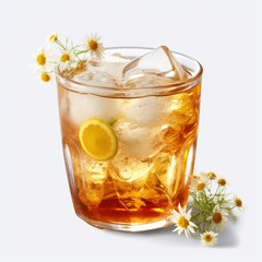 A glass of iced chamomile tea with chamomile flowers
