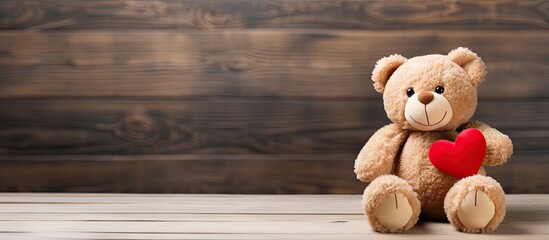 Sticker - Red hearted teddy bear on wooden backdrop