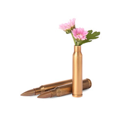 Wall Mural - Bullets and cartridge case with beautiful flowers isolated on white