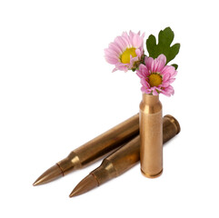 Wall Mural - Bullets and cartridge case with beautiful flowers isolated on white