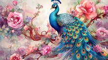 Wallpaper Painting Of A Peacock Bird In Bright, Beautiful Colors Among Flowers, Roses, Branches And Butterflies, Vintage Drawing Style Background. Generative AI