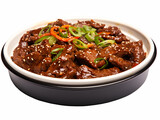 Fototapeta  - Mongolian beef is a savory and slightly sweet dish featuring tender slices of beef, typically flank steak, stir-fried with green onions and coated in a rich sauce made from soy sauce, garlic