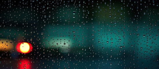 Wall Mural - Traffic light seen through raindrops on window