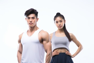 Wall Mural - the asian gym couple posing while looking at the camera generative ai