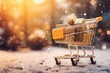 Golden shopping cart with gold gift boxes on blurred glitter background. Winter discounts, space for text.Generative AI.