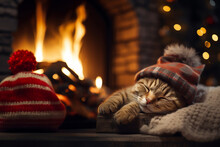 Close-up View At Scottish Fold Cat Ware Knitting Beanie Sleep On The Floor In Front Of Fireplace In Winter Season. 