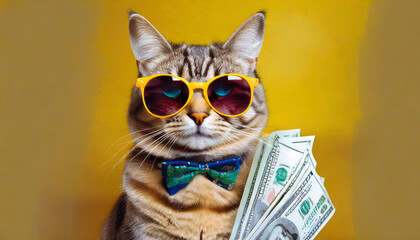 Wall Mural - cool rich successful hipster cat with sunglasses and cash money yellow background