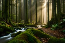 An Image Of A Tranquil Forest Bathed In Morning Light, Light Mist Seeping Through The Trees, Ground Covered In A Carpet Of Moss And Ferns, Dewdrops On Spider Webs, Nature's Perfect Symmetry