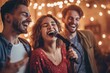 A vivacious trio enjoys a moment of musical joy, as the lady in the center belts out a song. Ideal for showcasing friendship, celebration, or musical events.