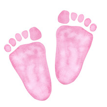 Little Pink Footprints. Baby Shower, Gender Reveal Party, Design Invitation. Boy Or Girl. Hand Drawn Watercolor Illustration Isolated Background. For Family Surprise Party Feast