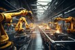 Industrial welding robotic arm in production line manufacturing plant, Automated robot arm assembly line manufacturing. Generative AI