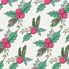 Poster - Seamless Christmas pattern with holly berry and leaves. Vector illustration
