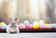 Colorful Easter eggs and cute bunny. Spring holiday pattern with eggs and rabbit. Easter backdrop for social media. Pastel color. Generated by artificial intelligence