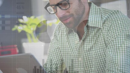 Poster - Animation of statistical data processing against man using digital tablet at office