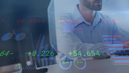 Poster - Animation of data processing against caucasian man wearing phone headset using computer at office