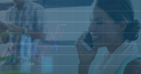 Poster - Animation of statistical data processing over caucasian woman talking on smartphone at office