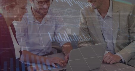 Poster - Animation of statistical data processing over diverse businesspeople using laptop at office
