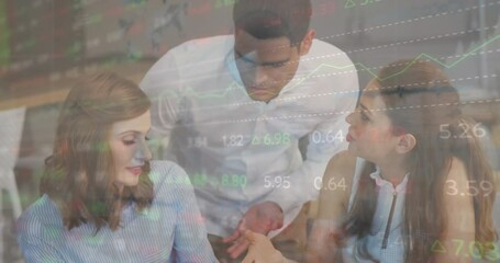 Poster - Animation of stock market data processing over diverse colleagues discussing over tablet at office