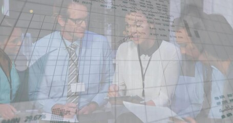 Poster - Animation of stock market data processing over diverse businesspeople discussing together at office