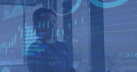 Poster - Animation of stock market data processing over thoughtfulasian woman looking out of window at office
