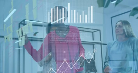 Poster - Animation of data processing against group of diverse women discussing over memo notes at office