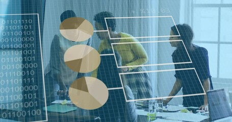 Poster - Animation of statistical data processing over group of diverse women discussing together at office