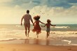 happy young family with little daughter have fun running and jumping on beach, rear view Happy young family run and jump on summer beach, AI Generated