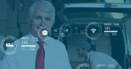 Poster - Animation of data processing against portrait of caucasian male supervisor smiling at warehouse