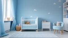 Simple, Blue Baby Bedroom With Cot And Rug. Generative AI