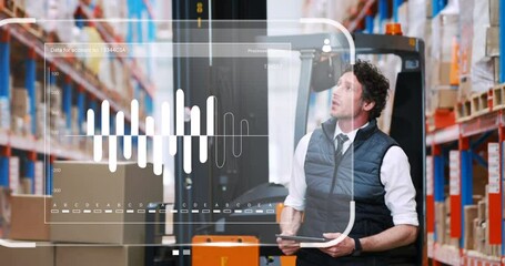 Poster - Animation of data processing over caucasian male supervisor using tablet checking stock at warehouse