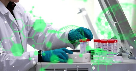 Poster - animation of data processing over mid section of scientist keeping test tubes in centrifuge machine