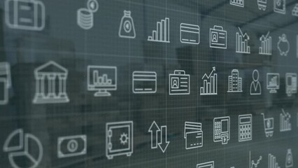Poster - Animation of interface with multiple digital icons against aerial view of cityscape