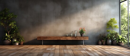 Poster - Spacious wooden terrace loft design connecting living room and garden with AI rendering featuring gray plank floor and blank concrete wall for copying