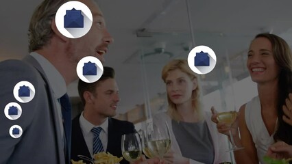 Poster - Animation of message icons floating over group of diverse businesspeople enjoying drinks at office