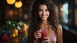pretty woman holding glass with tasty juice. Healthy Lifestyle, Vegetarian Diet And Meal. Drink Juice. Health Care And Beauty Concept 