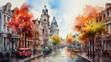 Fototapeta Londyn - Watercolor painting of a city streets in autumn