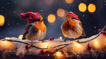 Two Robins Wearing Santa Hats And Christmas Decorations