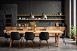 Interior of modern kitchen with gray walls, concrete floor, wooden cupboards and table with black chairs. 3d rendering
