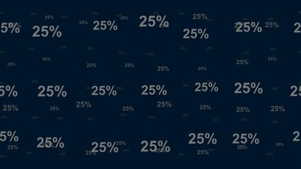 Poster - 25 percent symbols float horizontally from left to right. Parallax fly effect. Floating symbols are located randomly. Seamless looped 4k animation on dark blue background