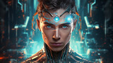 Fototapeta  - Man character design. Cyborg face man technology background with Generative Ai.