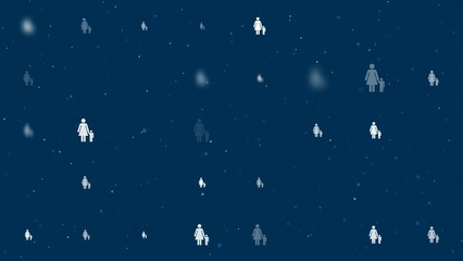 Poster - Template animation of evenly spaced woman with child symbols of different sizes and opacity. Animation of transparency and size. Seamless looped 4k animation on dark blue background with stars