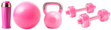 Set Of Pink Sports Equipment. Pink Weight, Dumbbells, Shaker, Fitball. Isolated On A Transparent Background.