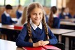 A shot of Cute little girl sitting at school desk in classroom, on blurred background Generative AI