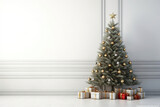 Fototapeta Panele - Minimalist Scandinavian home interior decoration with a Christmas tree, gold ball, gift box, and stars on empty gray wall background. Christmas and New Year banner or poster with copy space.